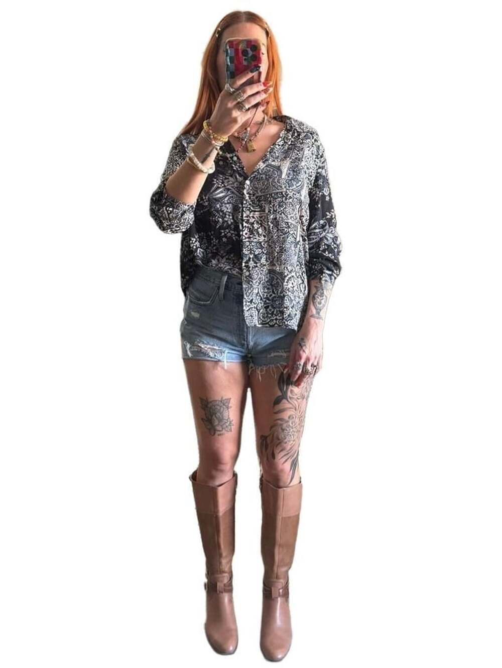 Rose + Olive Pattern Play Button Down Shirt Size L Blue Black Paisley